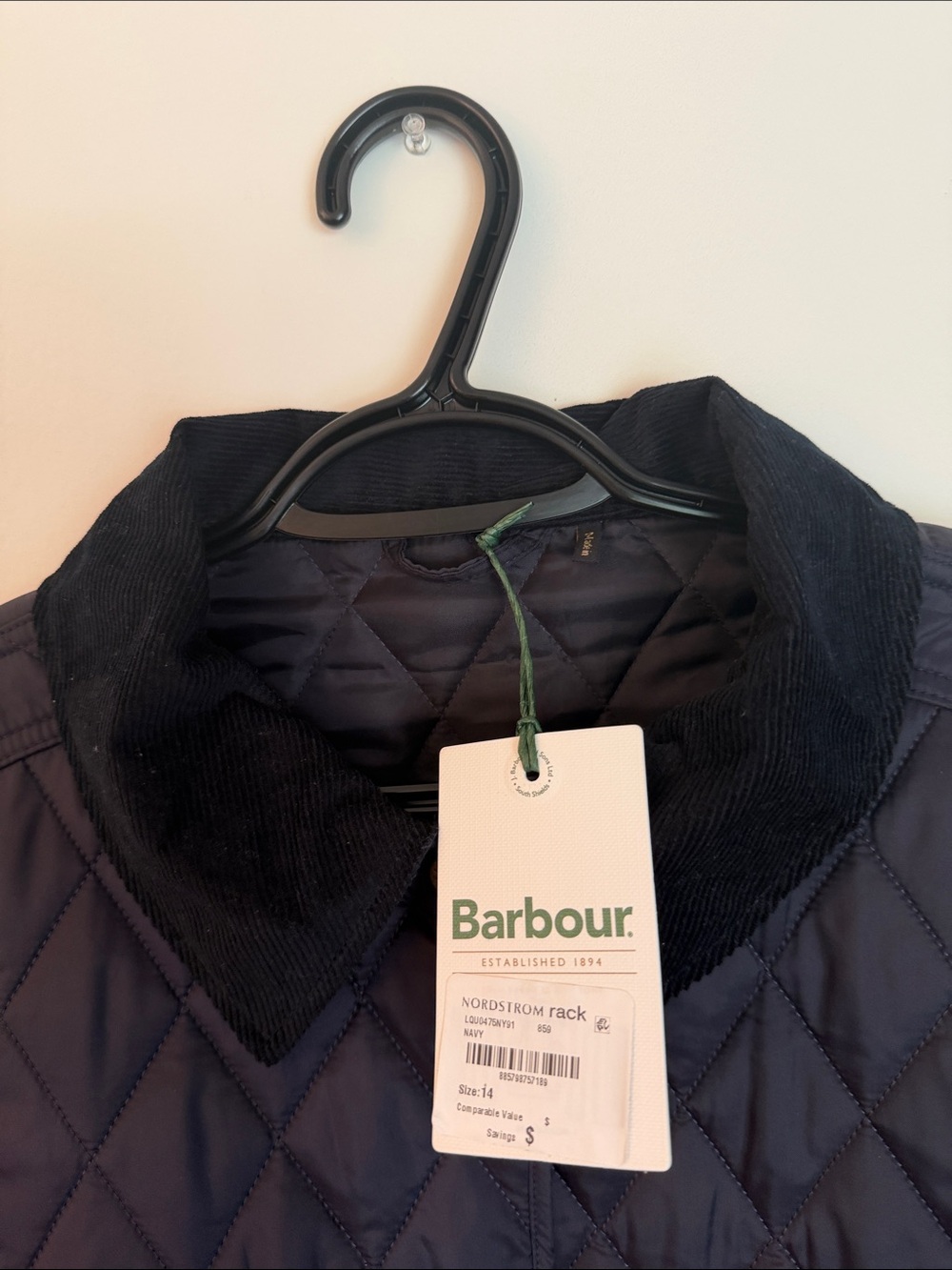 Barbour Quilted Puffer Jacket in Navy with Black Cord Collar - Picture 3 of 7